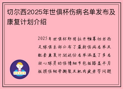 切尔西2025年世俱杯伤病名单发布及康复计划介绍
