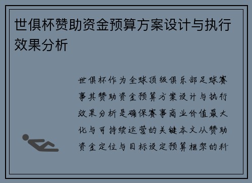 世俱杯赞助资金预算方案设计与执行效果分析